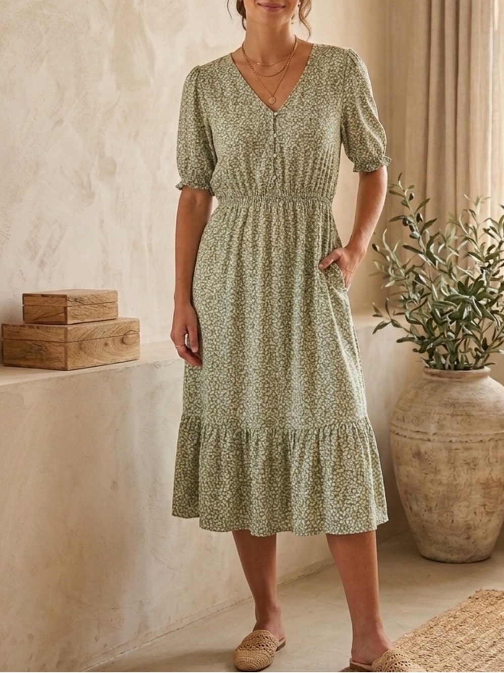 Cottage Button Floral Midi Summer Dress